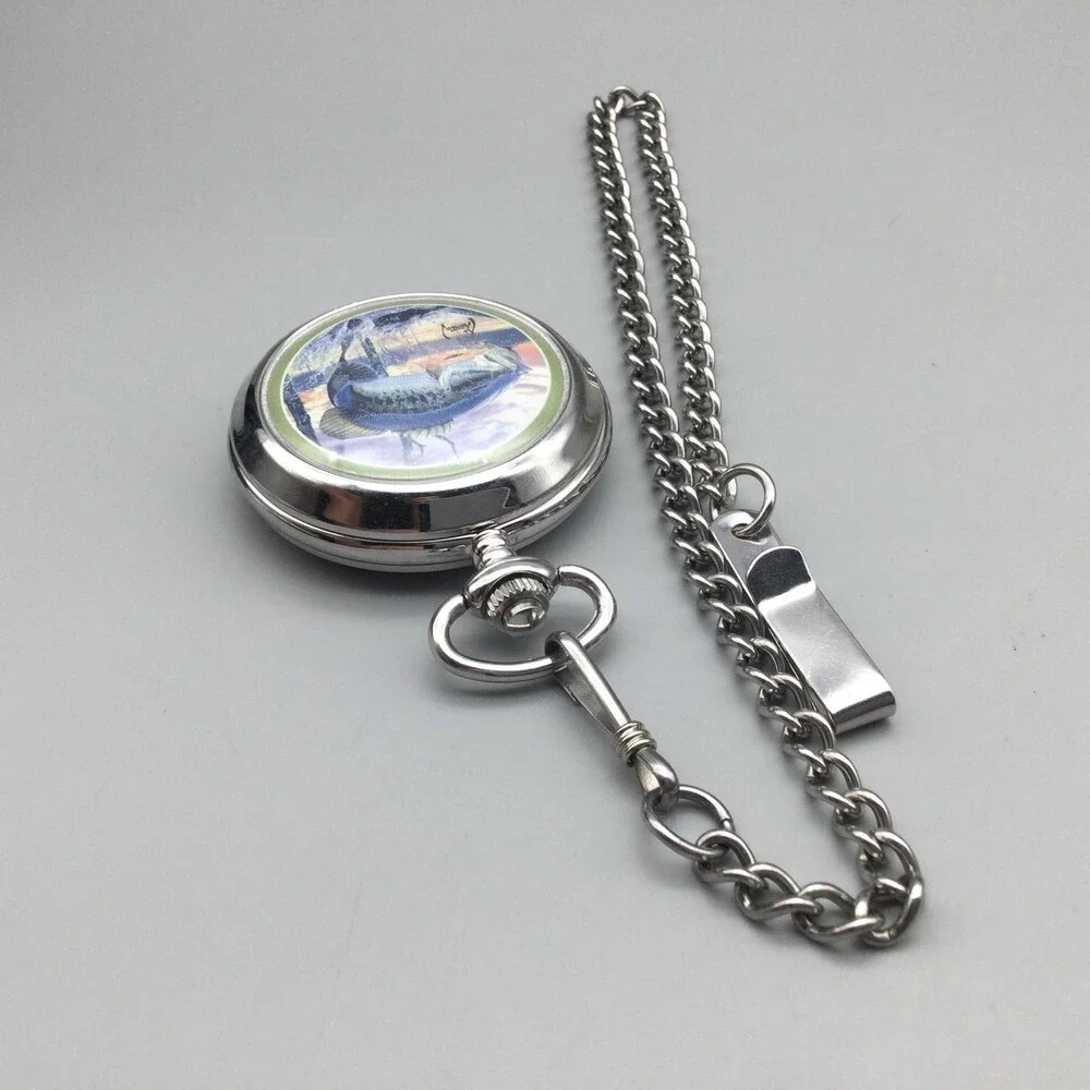 Al Agnew Bass Fish Pocket Watch Men 45mm Silver Tone Full Hunter New Battery